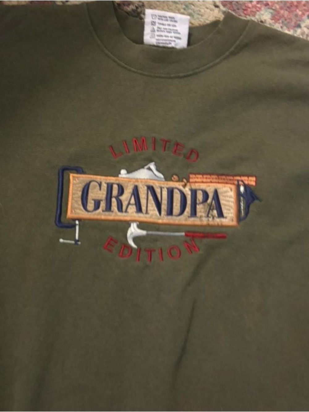 M&C SPORT 80s vintage Olive Green 'Grandpa' Embroidered Crewneck Sweatshirt - Picture 2 of 3